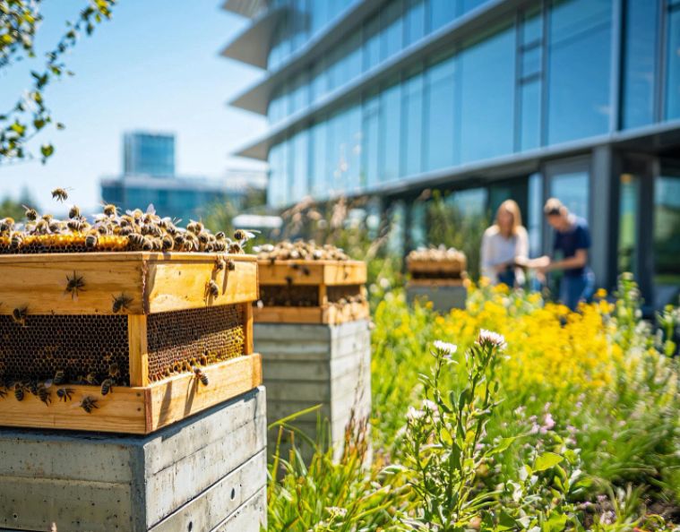 Ruches installées dans un jardin d’entreprise moderne, abeilles en activité sur les cadres, symbole de biodiversité, RSE et bien-être au travail